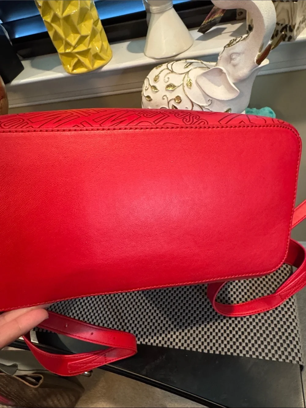 Love Moschino Red Logo-Patterned Backpack with Gold Hardware, inside is black.
